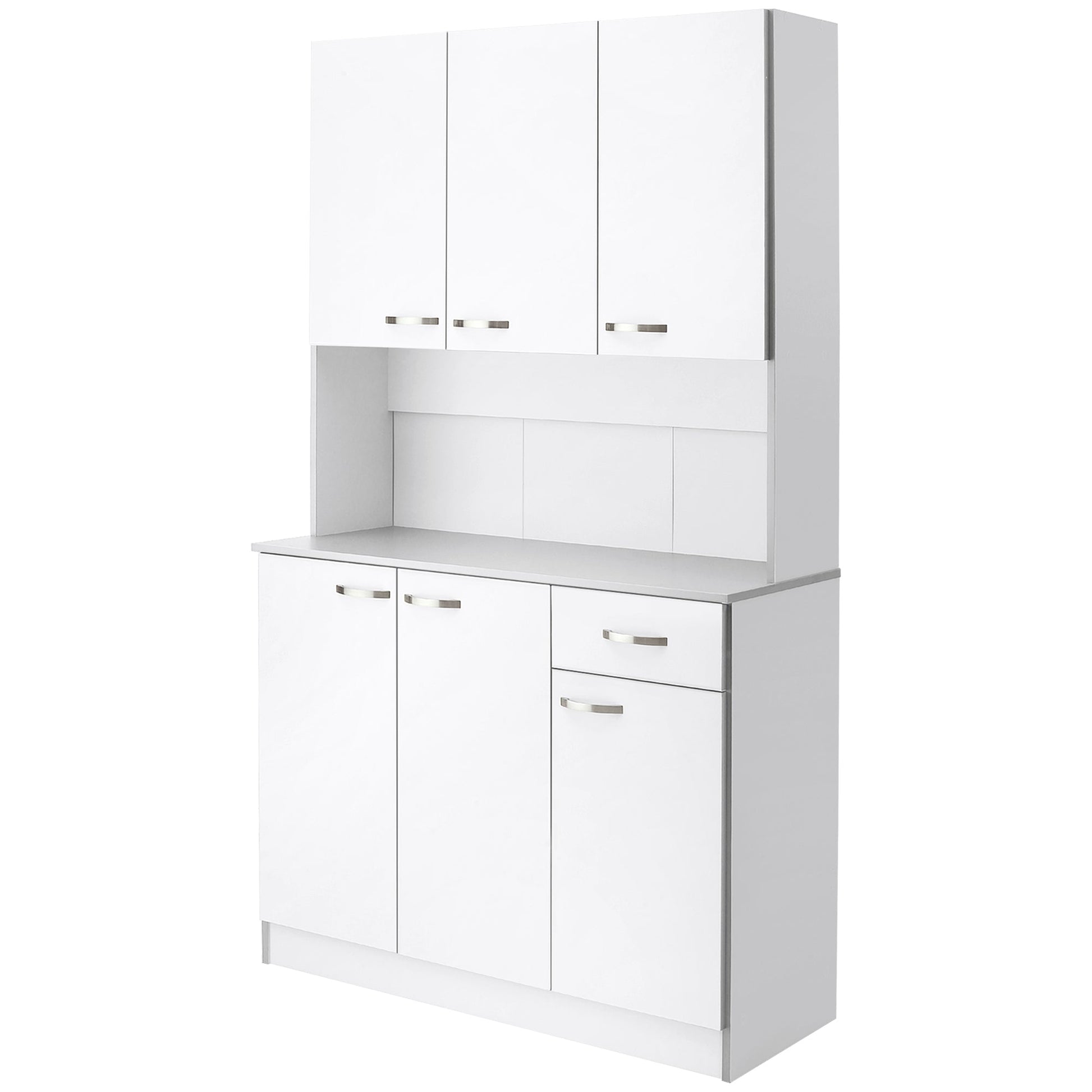 HOMCOM Kitchen Cupboard, Freestanding Kitchen Storage Cabinet with 6 Doors, Drawer, Adjustable Shelves and Open Countertop for Dining Room, White