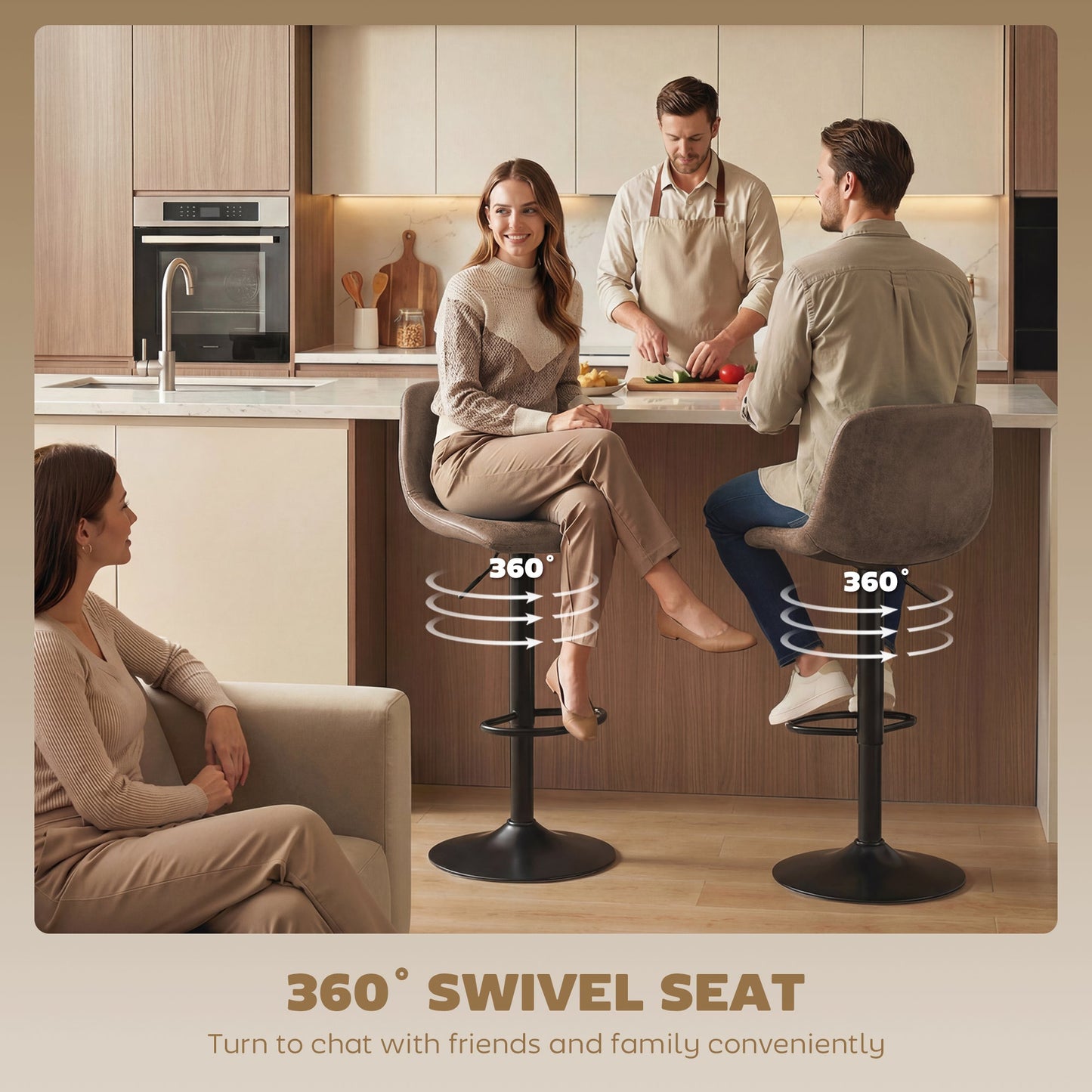 Bar Stools Set of 2, Modern Swivel Barstools, Height Adjustable Breakfast Bar Chairs with Footrest for Kitchen Island and Dining Room, Brown