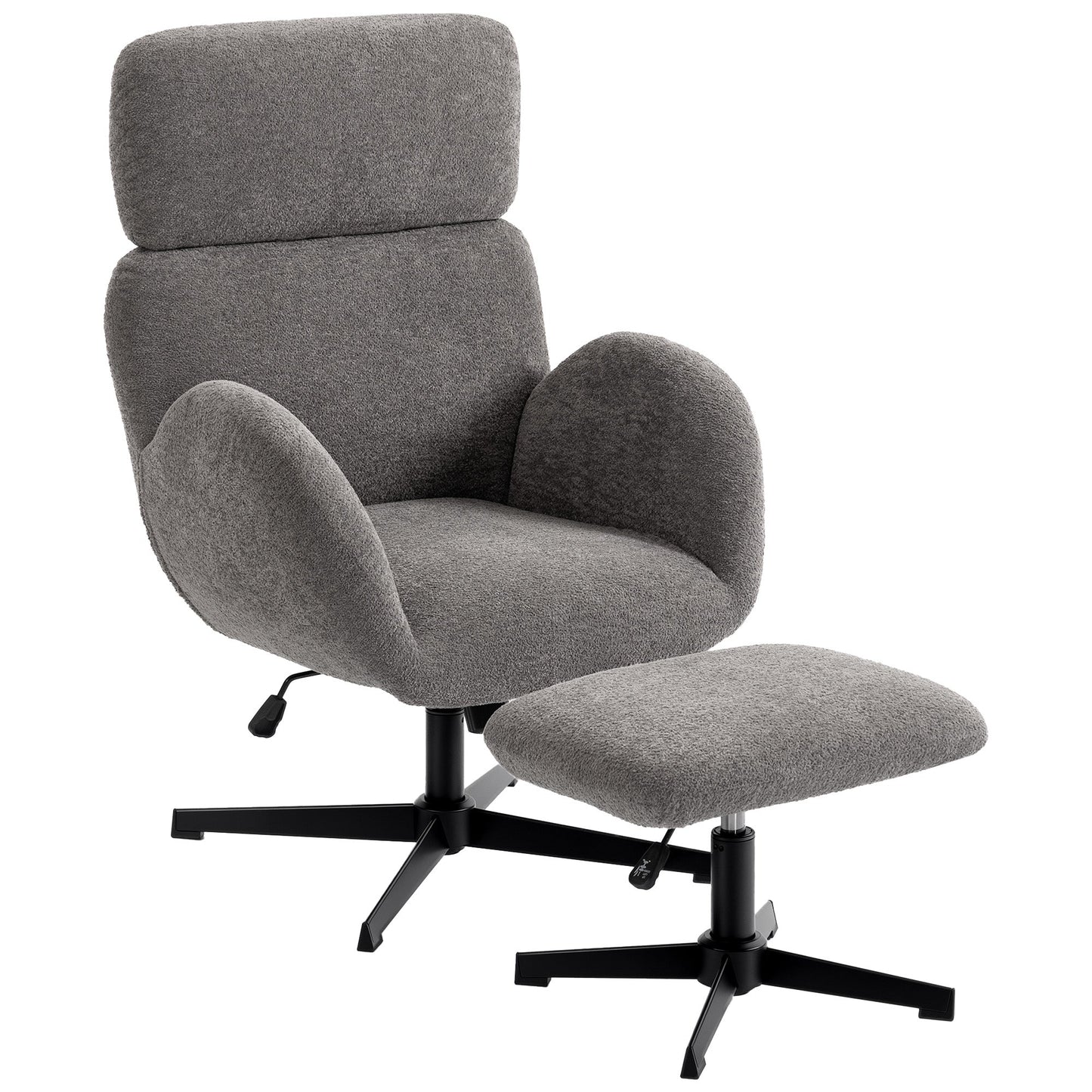 Swivel Armchair and Footstool Set, Raindrop Velvet Height Adjustable Accent Chair with Adjustable Headrest, Rocking Function, Wide Back, Modern Lounge Chair for Living Room, Grey
