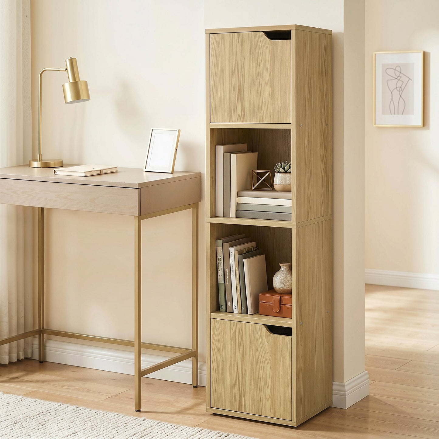 Bookcase with 2 Cabinets and Doors, 4-Tier Bookshelf, Storage Cabinet with Open Shelves and Anti-Tipping Design, for Living Room, Bedroom, Home Office, Oak