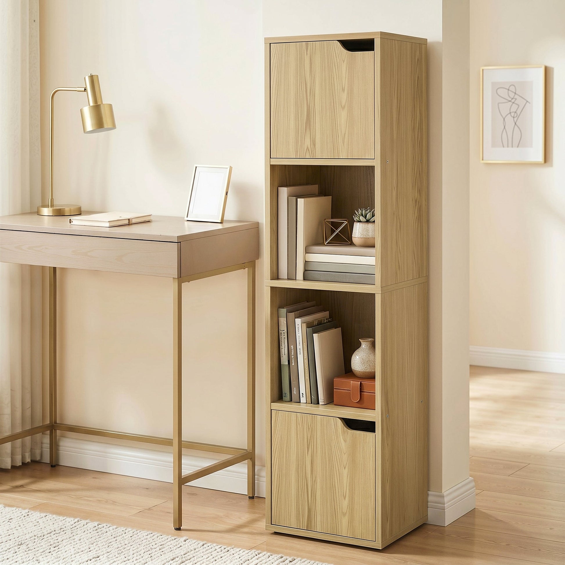 Bookcase with 2 Cabinets and Doors, 4-Tier Bookshelf, Storage Cabinet with Open Shelves and Anti-Tipping Design, for Living Room, Bedroom, Home Office, Oak