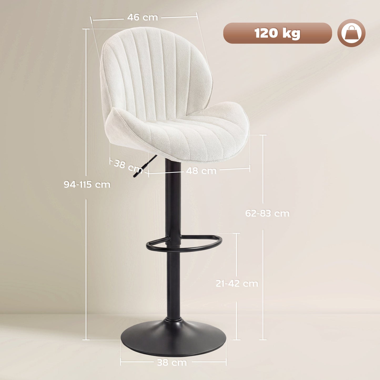Bar Stools Set of 2, Swivel Counter Height Barstools with Back, Adjustable Height and Footrest, Chenille Upholstered Modern Bar Chairs for Kitchen Island, Dining Room, Cream