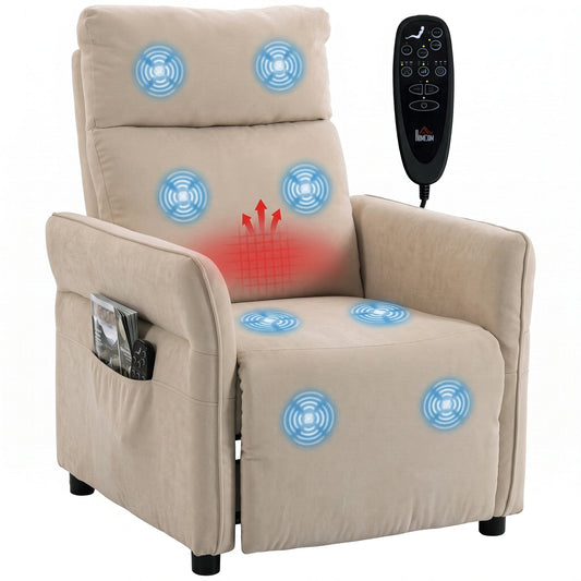 Recliner Armchair, Push Back Recliner Chair w/ Massage & Heat, Adjustable Armrests, Spring Seat, Terry Cloth Manual Reclining Single Sofa w/ Footrest, Side Pockets for Home Living Room, Beige