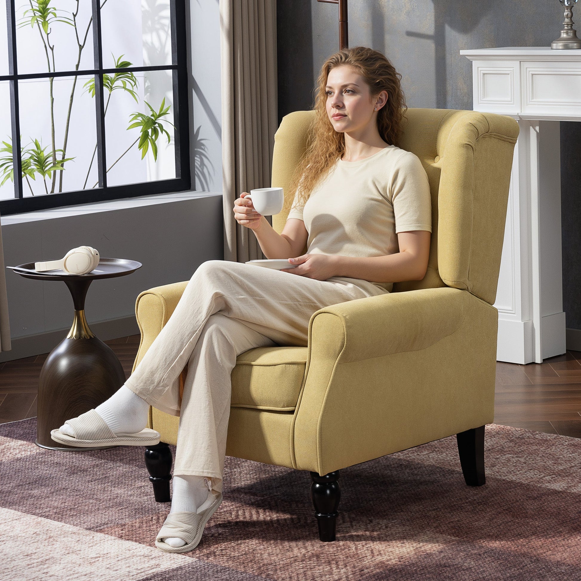Retro Accent Chair, Snow Flannel Wingback Armchair with Wood Frame Button Tufted Design for Living Room Bedroom, Yellow