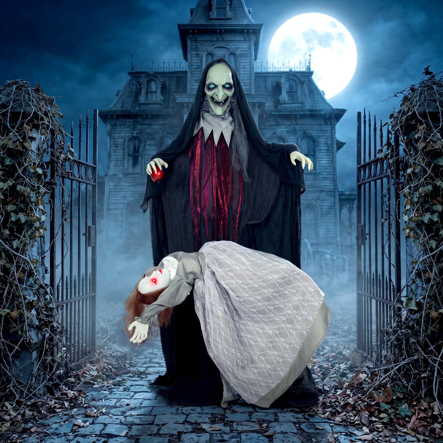 71" Halloween Animated Standing Witch with Floating Ghost Decoration, Halloween Animated Prop with Light-Up Eyes, Sound and Touch Activated, Rising and Falling Motion for Haunted House Party