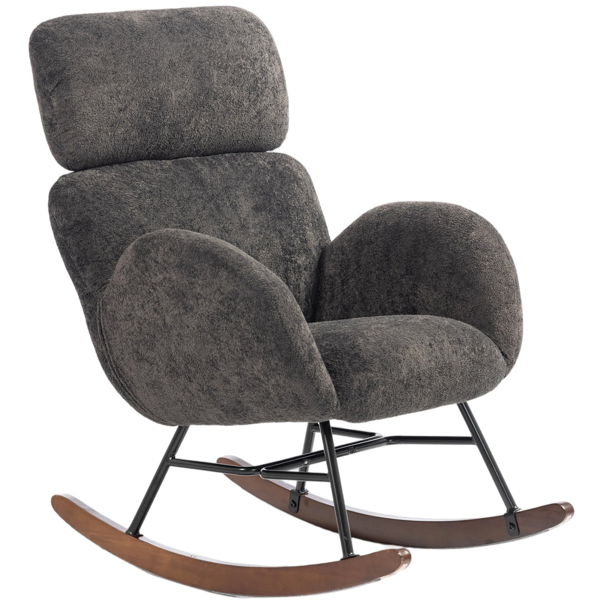 Rocking Chair with Adjustable Headrest, Modern Velvet Upholstered Rocker Chair, Steel Frame and Rubberwood Legs, Foam Padded Armrests, Wide Seat for Living Room, Bedroom, Study, Dark Grey