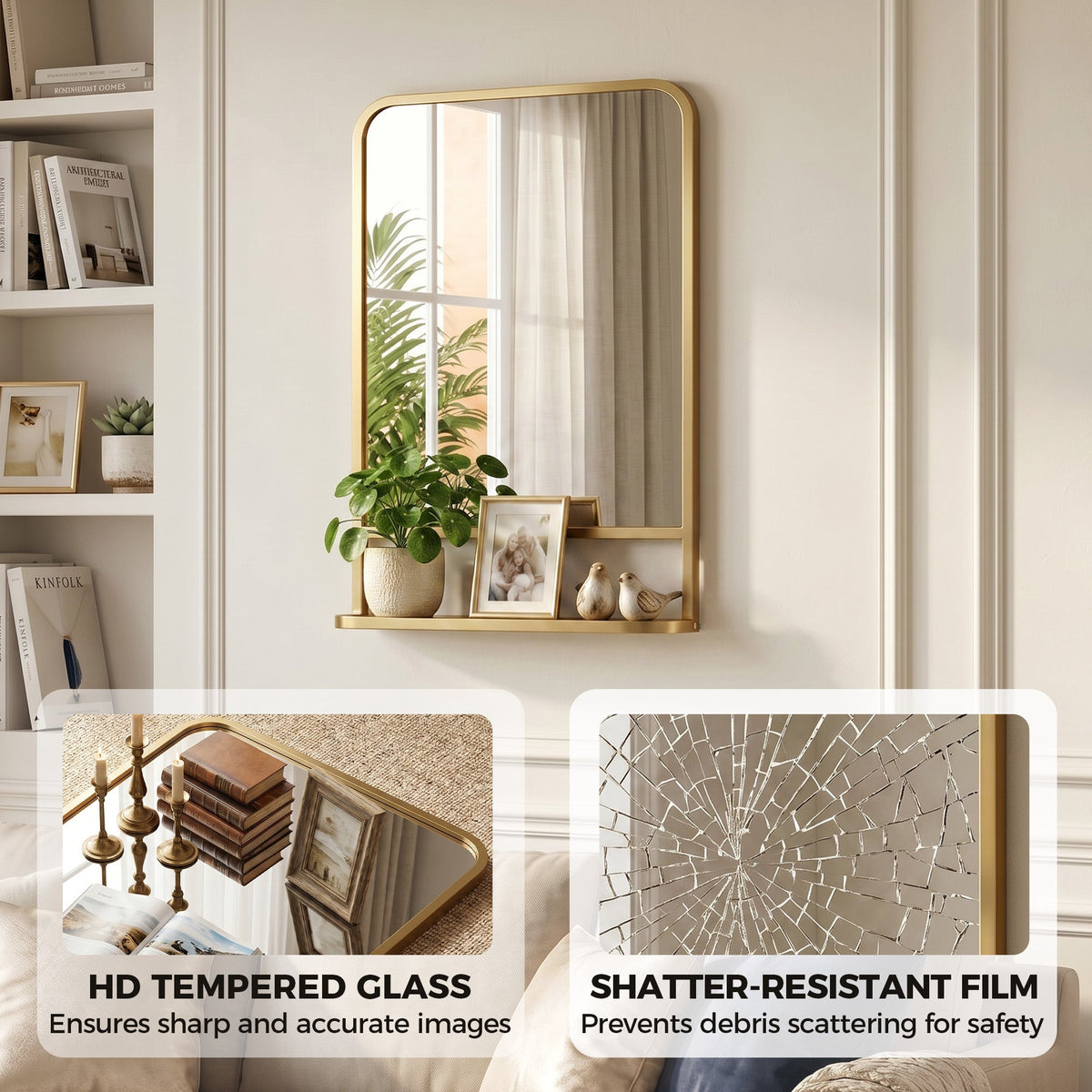 Modern Rectangular Wall Mirror with Storage Shelf, 70 x 50 cm Mirror for Living Room, Bedroom, Gold Tone