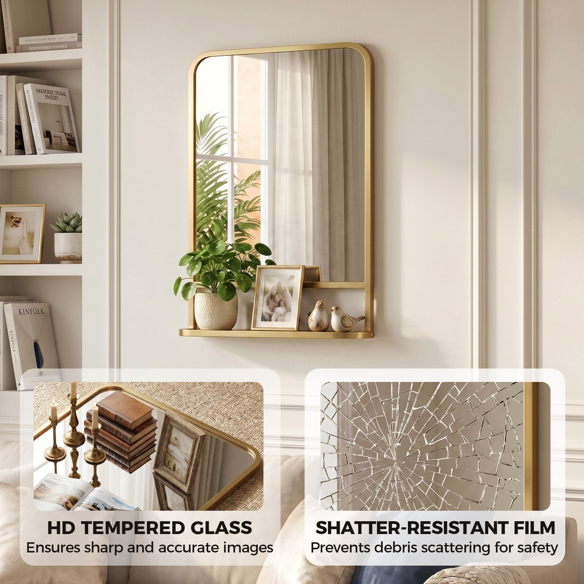 Modern Rectangular Wall Mirror with Storage Shelf, 70 x 50 cm Mirror for Living Room, Bedroom, Gold Tone
