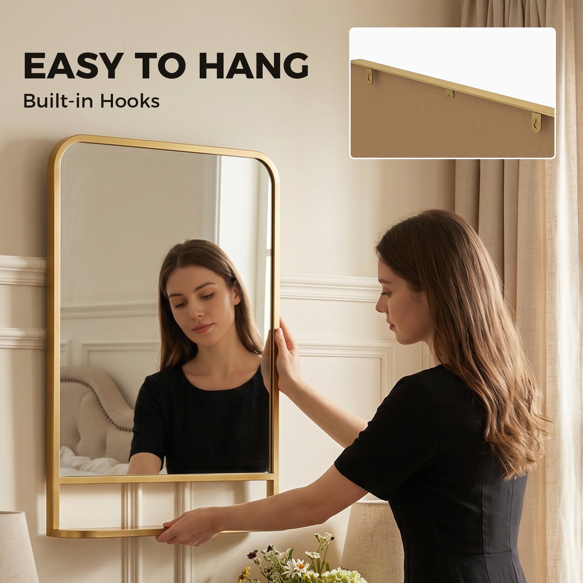 Modern Rectangular Wall Mirror with Storage Shelf, 70 x 50 cm Mirror for Living Room, Bedroom, Gold Tone