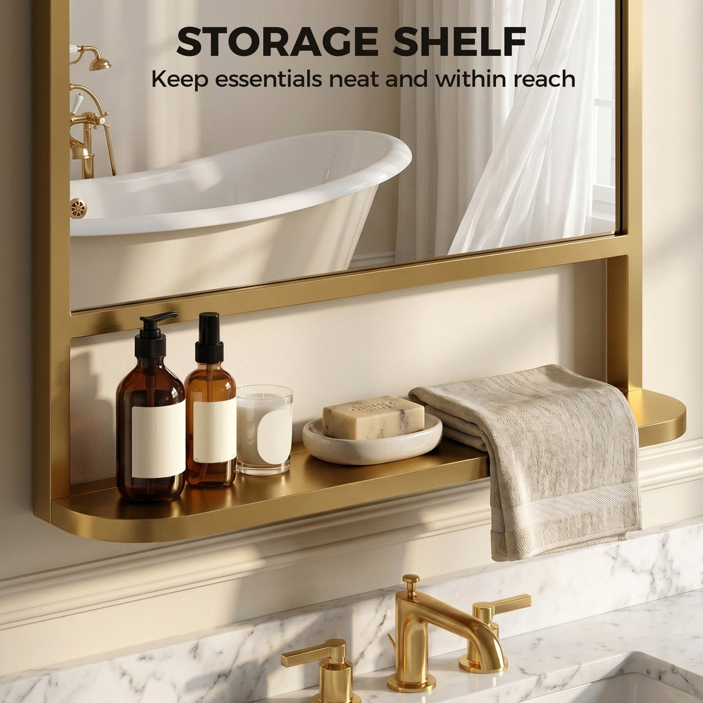 Modern Rectangular Wall Mirror with Storage Shelf, 70 x 50 cm Mirror for Living Room, Bedroom, Gold Tone