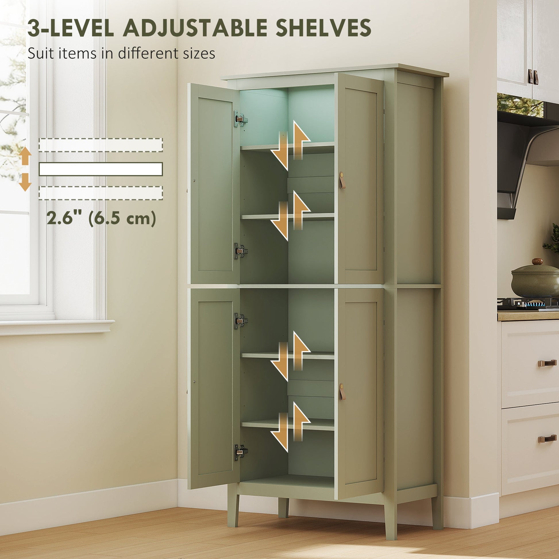 Tall Kitchen Cupboard with Motion Sensor LED Light, 3-Colour Dimmable Lighting, 177 cm Freestanding Storage Cabinet with Doors and Adjustable Shelves, Green