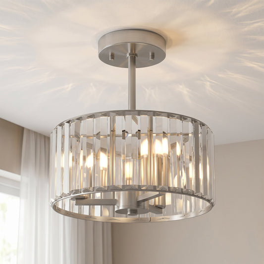 Crystal Ceiling Light Fixture, Semi Flush Mount Modern Crystal Chandelier Ceiling Light for Living Room, Bedroom, Hallway, Dining Room, E14 Base 3-Lights, Bulbs Not Included, Silver Tone