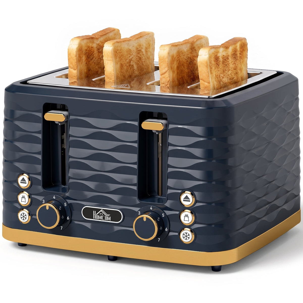 4 Slice Toaster with 7 Browning Levels, High Lift, Reheat/Defrost/Cancel, Self-centring Function, Removable Crumb Tray, Water Ripple Texture, Dark Blue