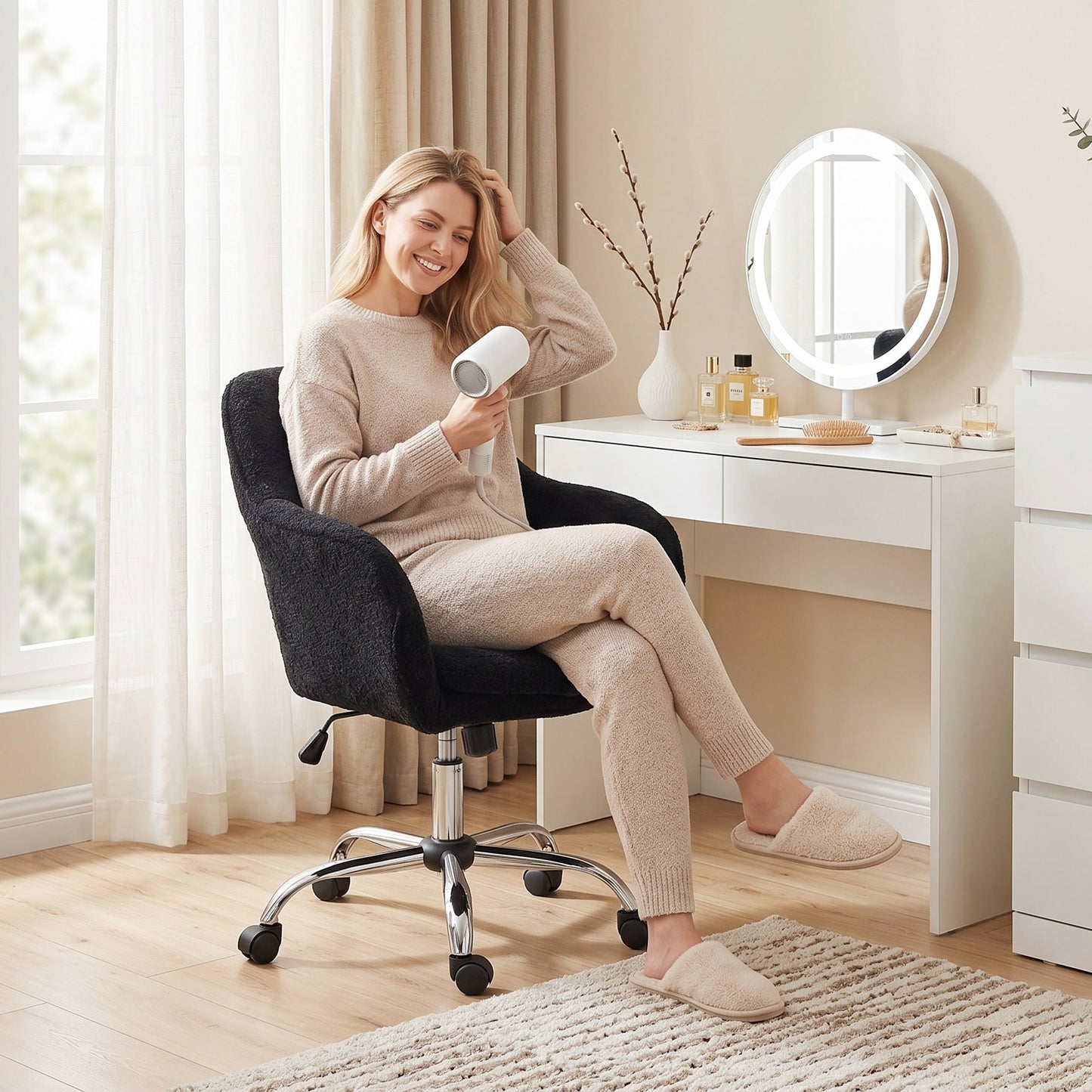 Snow Flannel Office Chair, Modern Makeup Vanity Chair with Tub Back, Swivel Rolling Computer Armchair for Bedroom, Living Room, Black