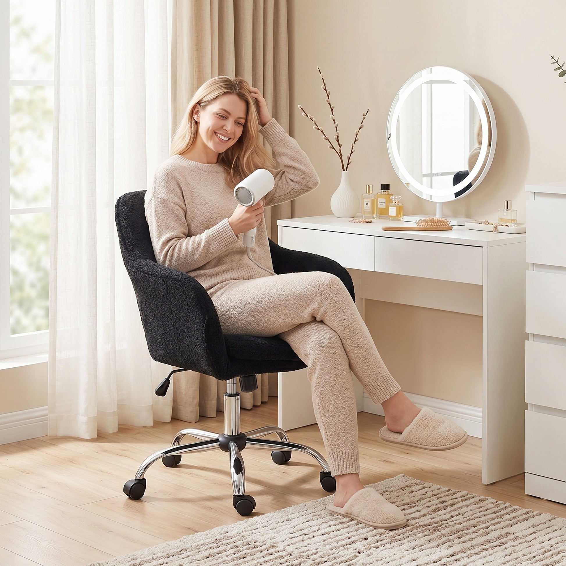 Snow Flannel Office Chair, Modern Makeup Vanity Chair with Tub Back, Swivel Rolling Computer Armchair for Bedroom, Living Room, Black