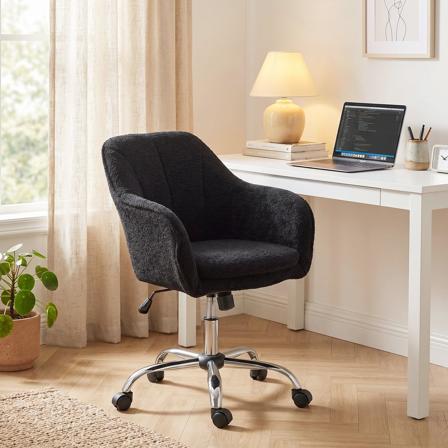 Snow Flannel Office Chair, Modern Makeup Vanity Chair with Tub Back, Swivel Rolling Computer Armchair for Bedroom, Living Room, Black