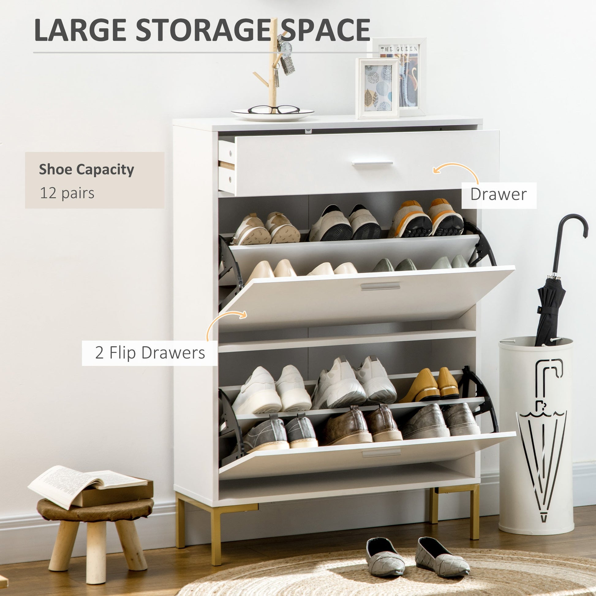 HOMCOM 3 Drawer Shoe Cabinet with 2 Flip Doors, Sliding out Drawer and Adjustable Shelf for 12 Pairs of Shoes, Narrow Shoe Storage Cabinet for Hallway, Entryway, White