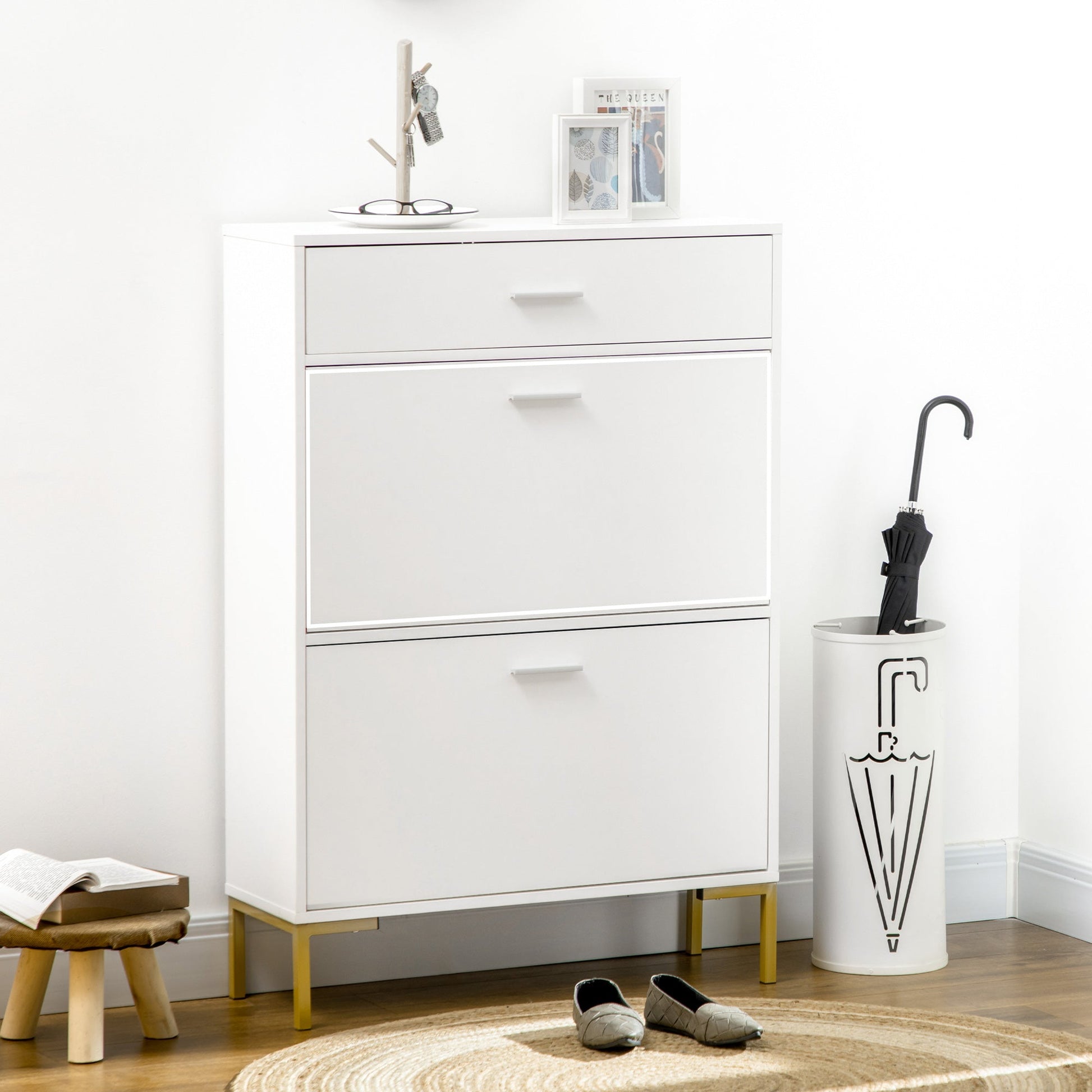 HOMCOM 3 Drawer Shoe Cabinet with 2 Flip Doors, Sliding out Drawer and Adjustable Shelf for 12 Pairs of Shoes, Narrow Shoe Storage Cabinet for Hallway, Entryway, White