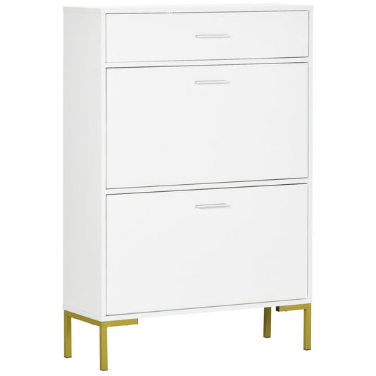 HOMCOM 3 Drawer Shoe Cabinet with 2 Flip Doors, Sliding out Drawer and Adjustable Shelf for 12 Pairs of Shoes, Narrow Shoe Storage Cabinet for Hallway, Entryway, White
