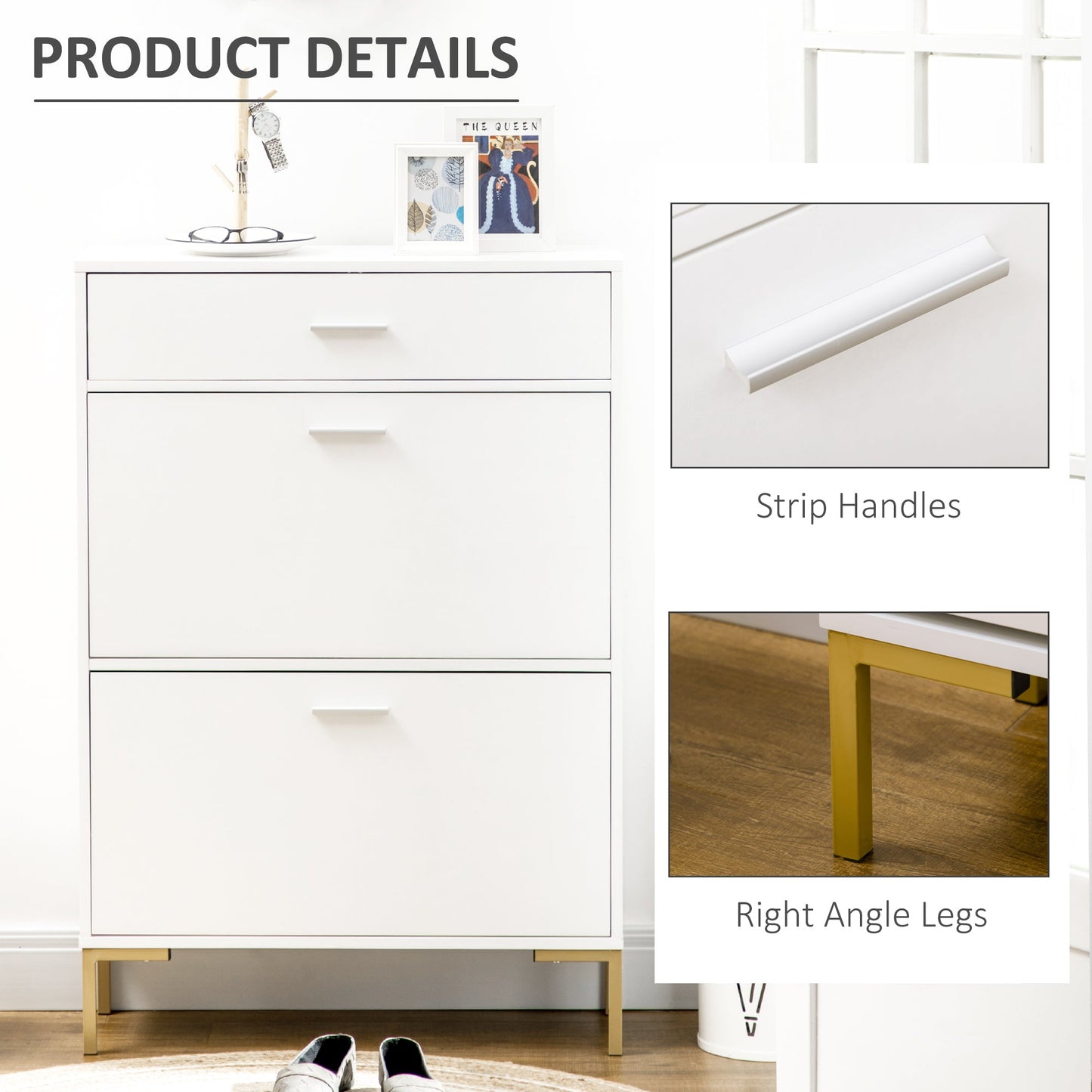 HOMCOM 3 Drawer Shoe Cabinet with 2 Flip Doors, Sliding out Drawer and Adjustable Shelf for 12 Pairs of Shoes, Narrow Shoe Storage Cabinet for Hallway, Entryway, White