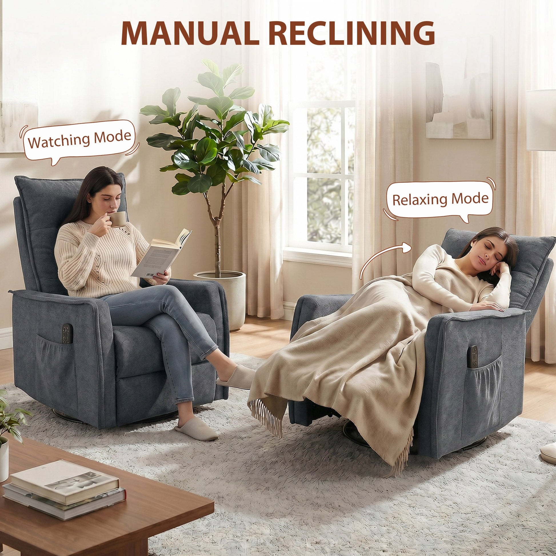 Recliner Armchair, Chenille Recliner Chair with Massage and Heat, 360° Swivel Rocking Manual Reclining Chair with Side Pockets for Living Room, Dark Grey