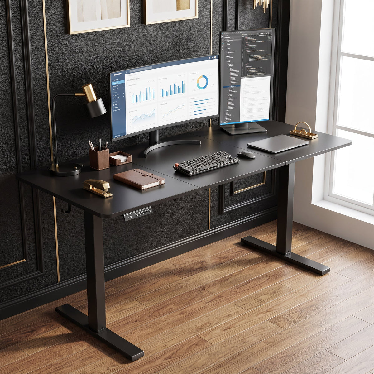 Electric Standing Desk Height Adjustable 140 x 60cm, Sit Stand Desk with 3 Memory Presets, Quiet Home Office Computer Desk with LED Display, Cable Holes & Hooks for Bedroom, Home Office, Black