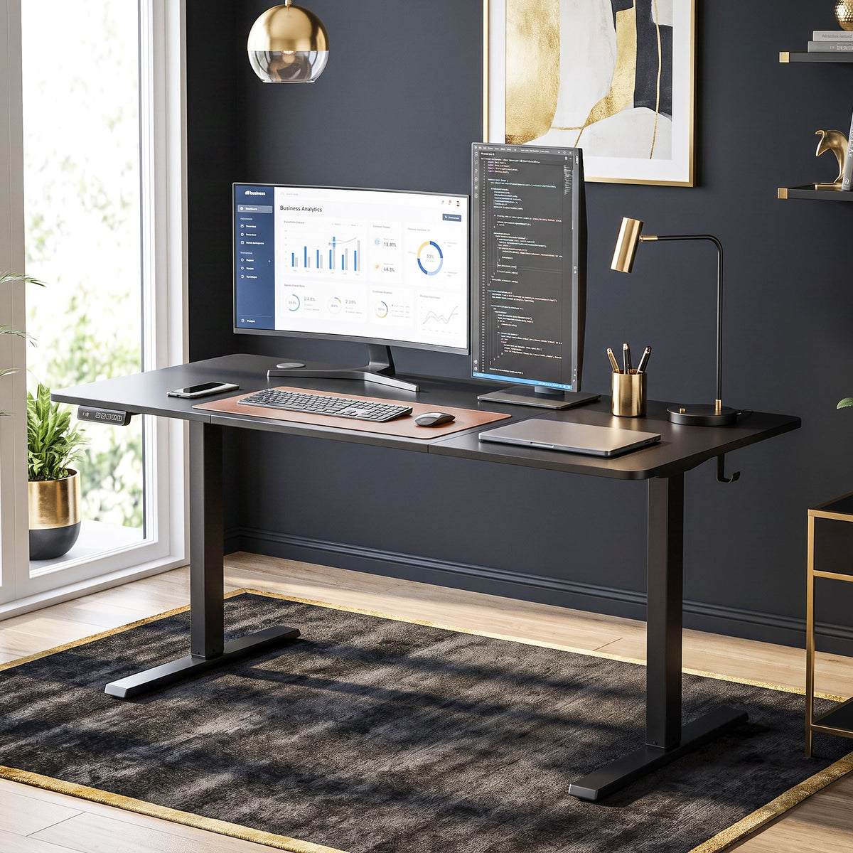 Electric Standing Desk Height Adjustable 140 x 60cm, Sit Stand Desk with 3 Memory Presets, Quiet Home Office Computer Desk with LED Display, Cable Holes & Hooks for Bedroom, Home Office, Black