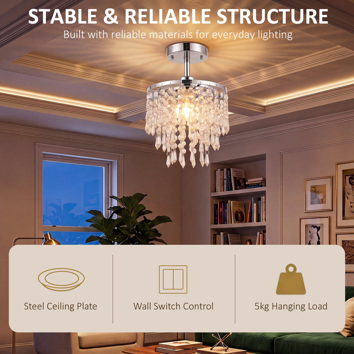 Crystal Ceiling Light with 57 Crystal Strands, Modern Ceiling Light with Mounting Plate for Bedroom, Dining Room, Hallway, Silver Tone, Bulb Not Included