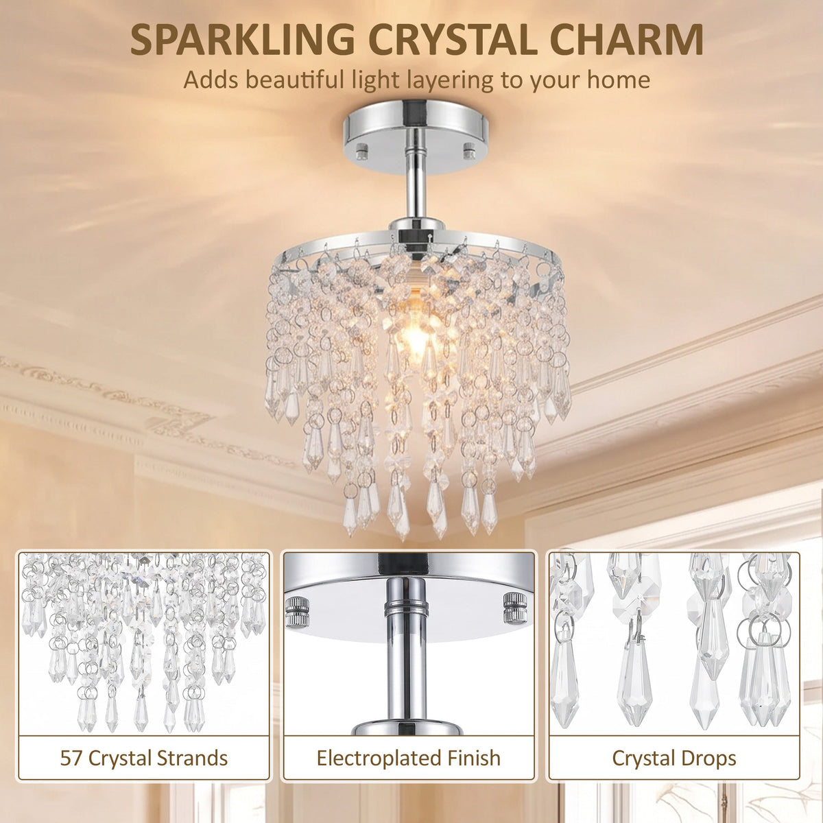 Crystal Ceiling Light with 57 Crystal Strands, Modern Ceiling Light with Mounting Plate for Bedroom, Dining Room, Hallway, Silver Tone, Bulb Not Included