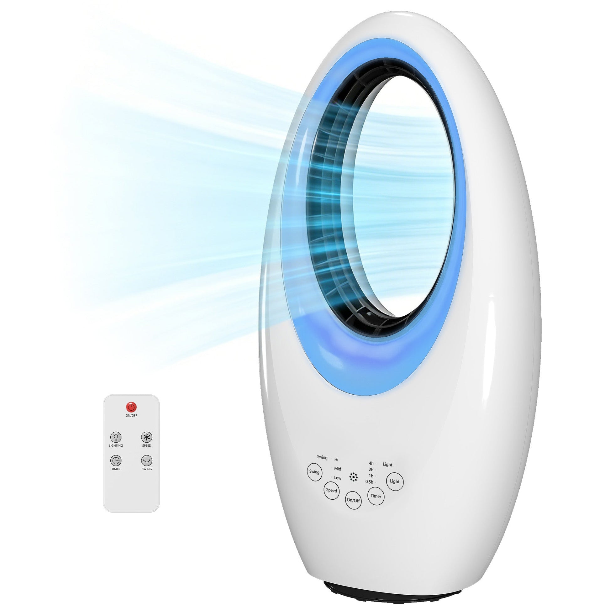 Bladeless Tower Fan for Bedroom, 36dB Standing Cooling Fan with 60° Oscillating, LED Lights, 3 Speeds, 7.5H Timer, Remote Control, White