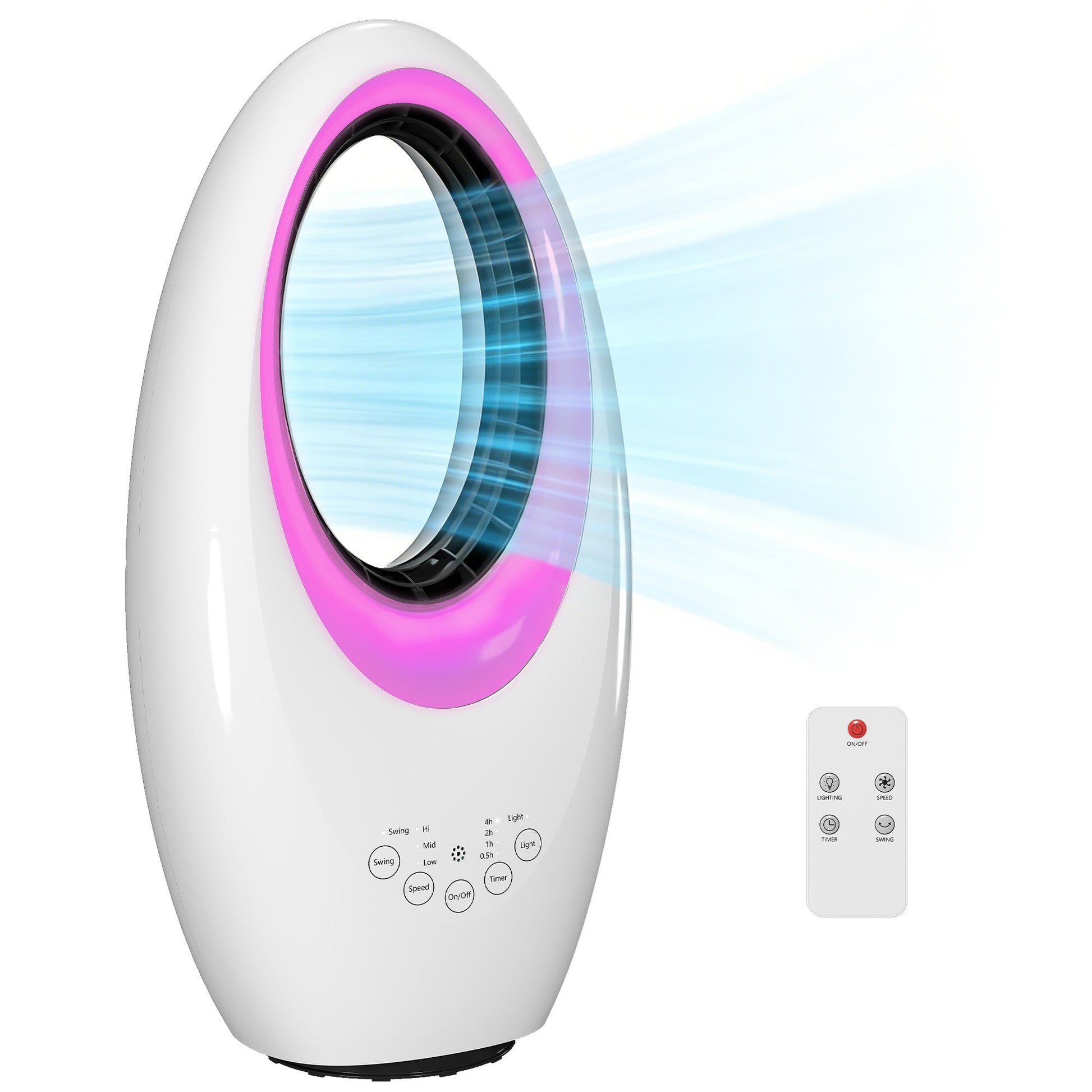 Bladeless Tower Fan for Bedroom, 36dB Standing Cooling Fan with 60° Oscillating, LED Lights, 3 Speeds, 7.5H Timer, Remote Control, White