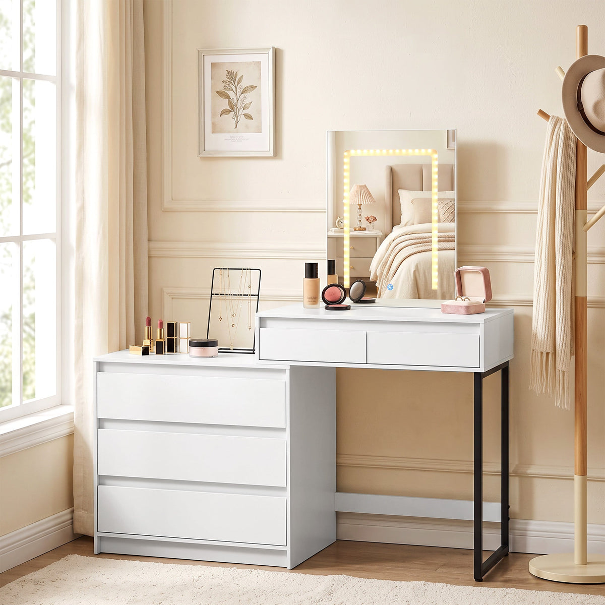 Dressing Table with Mirror and LED Lights, Vanity Table with 5 Drawers, 3 Colour Lighting for Bedroom, Modern Dresser Makeup Desk for Women and Girls, White