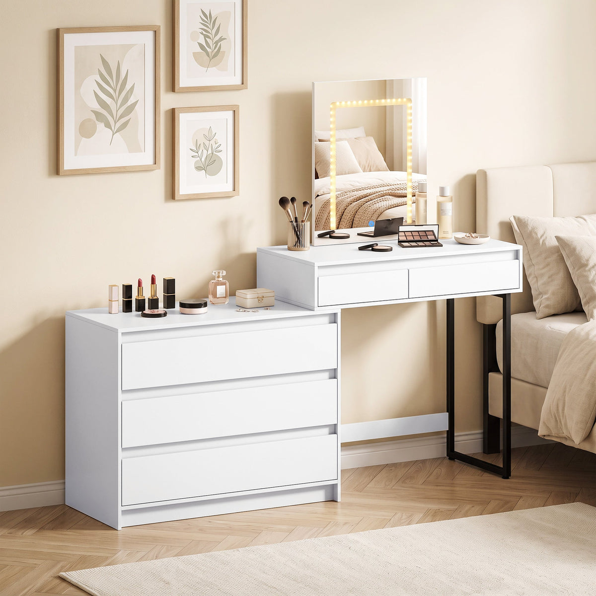 Dressing Table with Mirror and LED Lights, Vanity Table with 5 Drawers, 3 Colour Lighting for Bedroom, Modern Dresser Makeup Desk for Women and Girls, White
