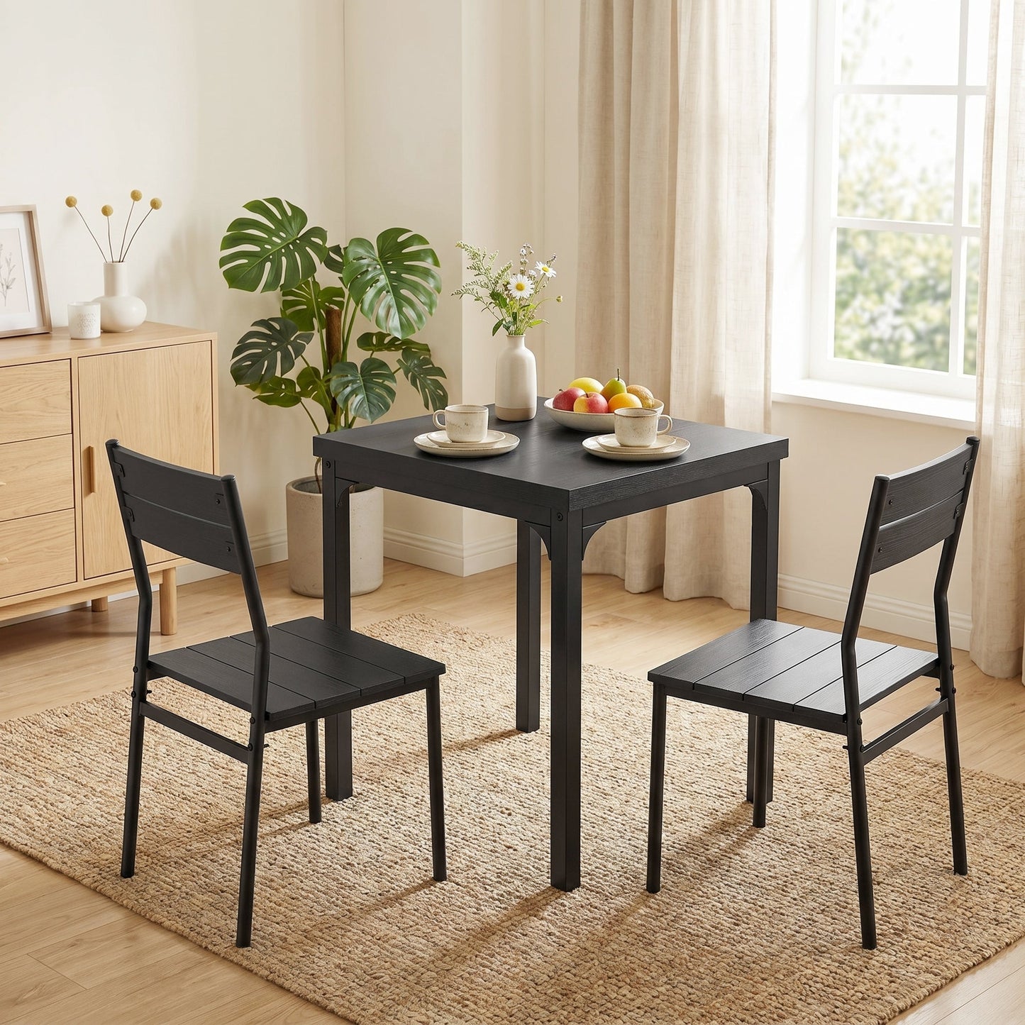 3 Pieces Modern Dining Table Set, Kitchen Table and Chairs for 2, Space Saving Design, Breakfast Nook Table Set with Steel Legs for Kitchen, Small Space, Black Wood Effect