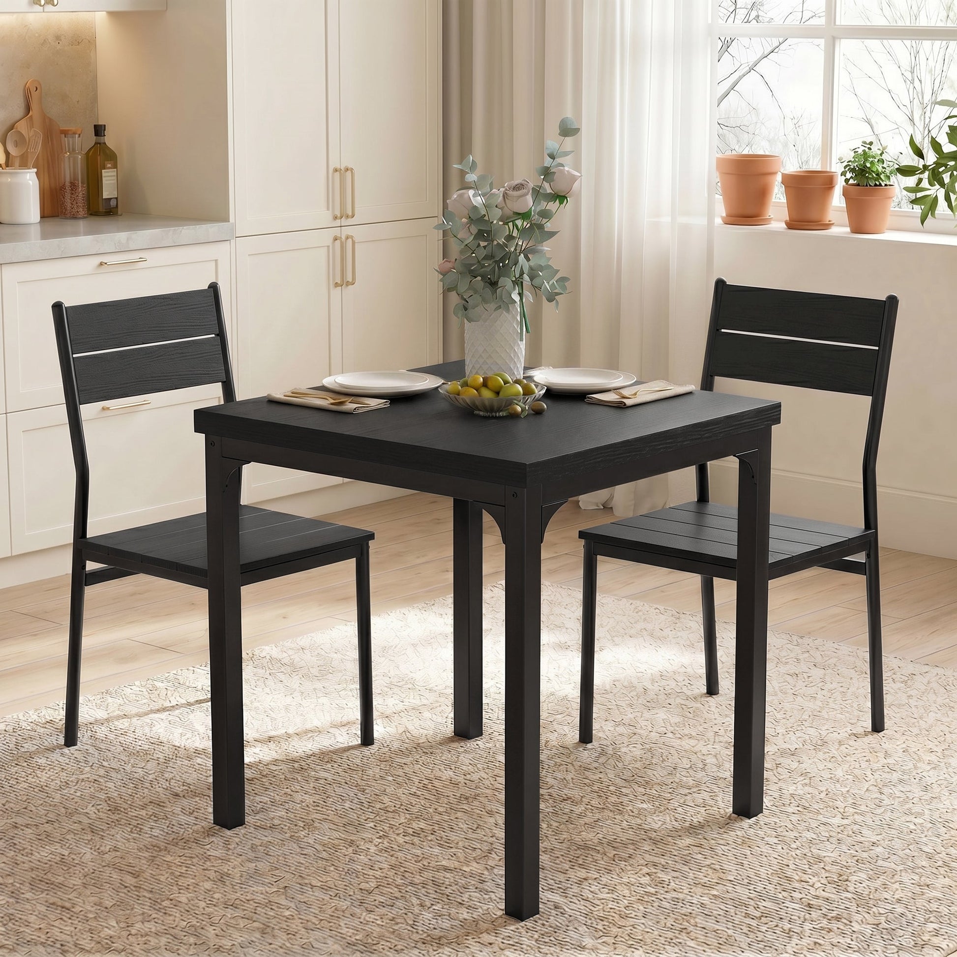 3 Pieces Modern Dining Table Set, Kitchen Table and Chairs for 2, Space Saving Design, Breakfast Nook Table Set with Steel Legs for Kitchen, Small Space, Black Wood Effect