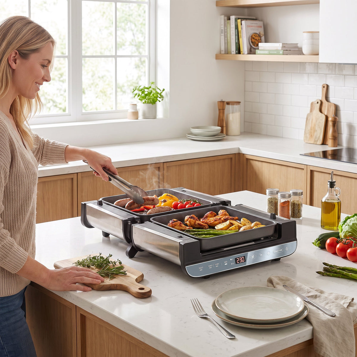 3-in-1 Electric Mini Oven, Long Slot Toaster and Tabletop Grill, 4.9L Countertop Multi-Function Oven with LED Display, 60 Min Timer, Baking Tray, Wire Rack & Crumb Tray, Stainless Steel, 1700W