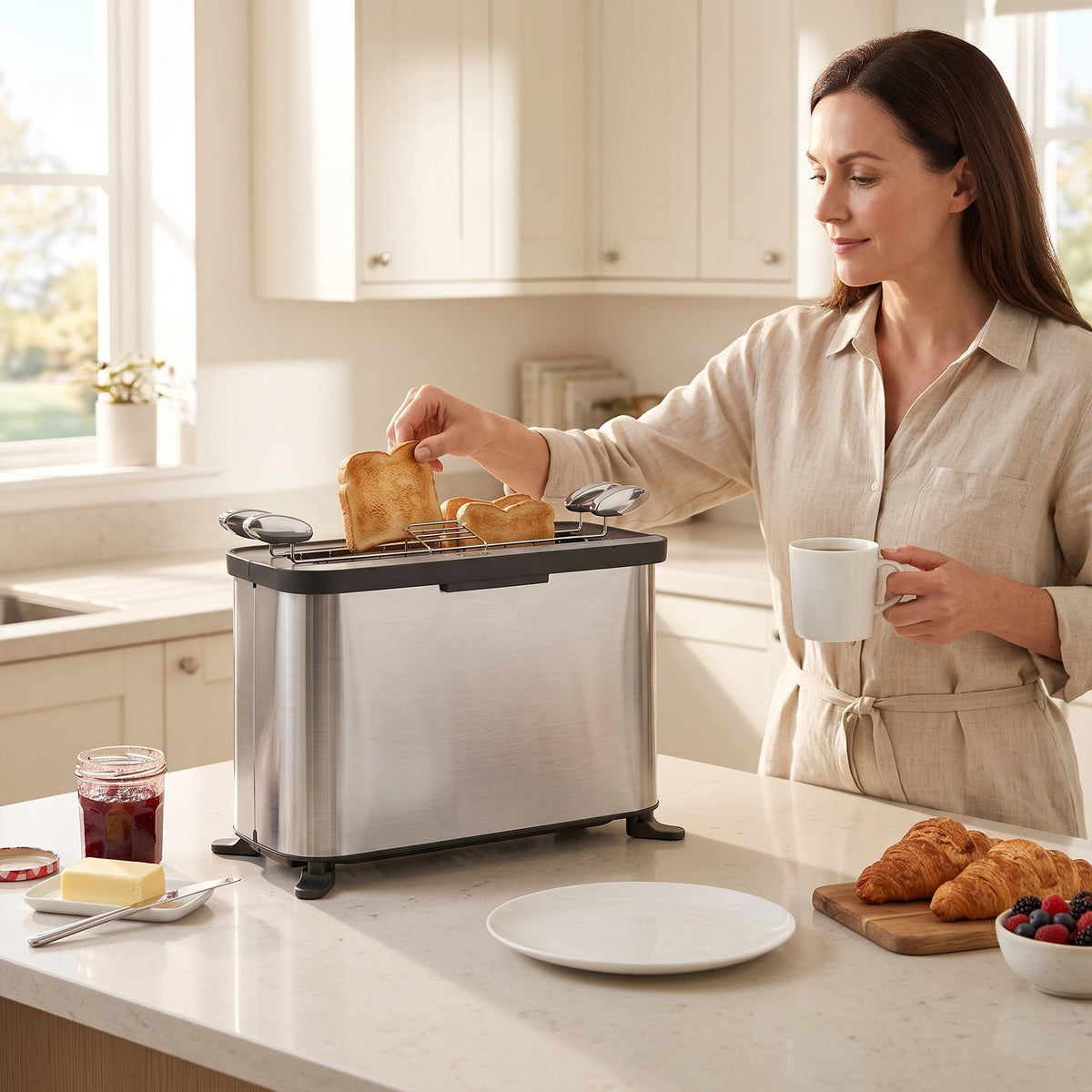3-in-1 Electric Mini Oven, Long Slot Toaster and Tabletop Grill, 4.9L Countertop Multi-Function Oven with LED Display, 60 Min Timer, Baking Tray, Wire Rack & Crumb Tray, Stainless Steel, 1700W