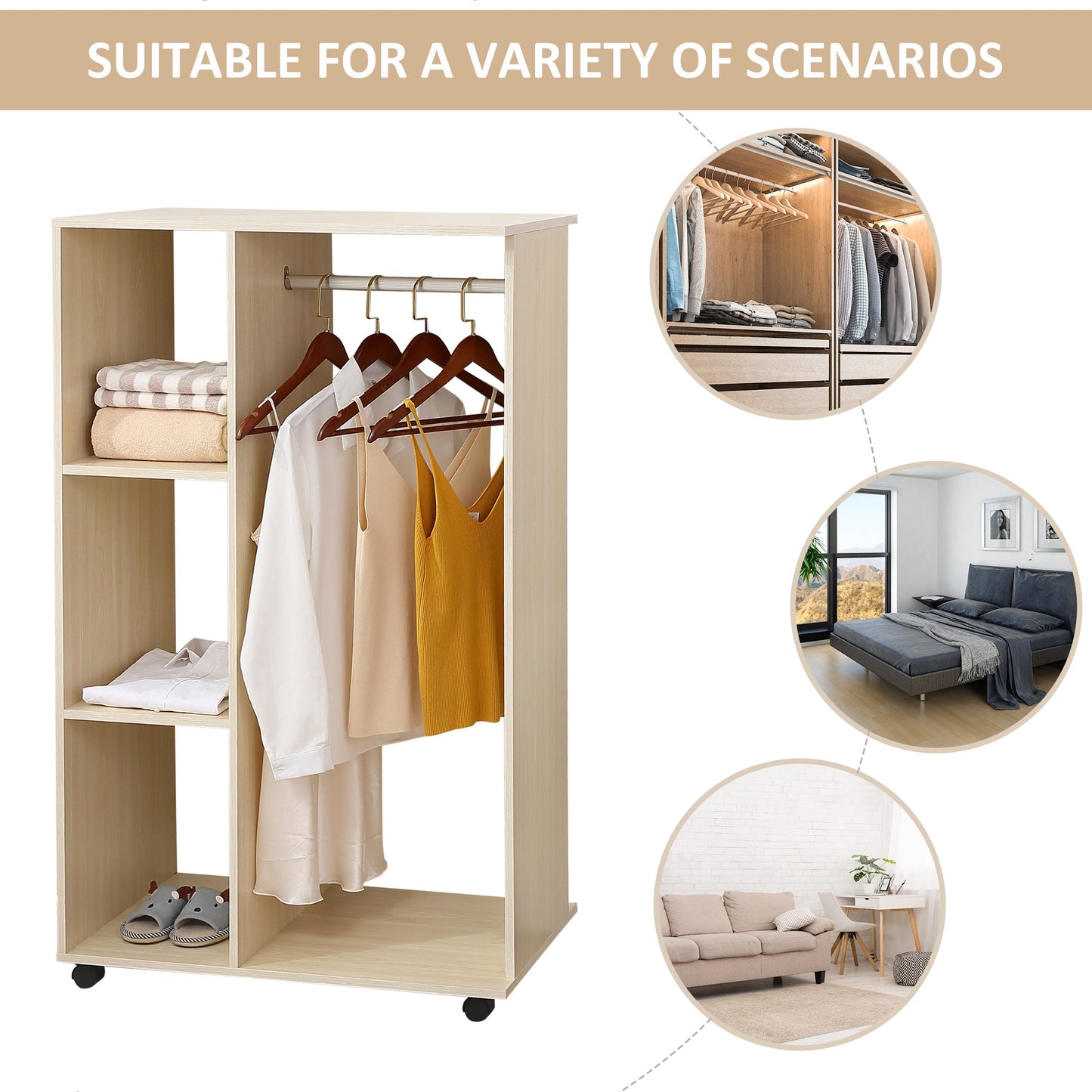 Open Wardrobe on Wheels, Bedroom Wardrobe with Clothes Hanging Rail, 3 Storage Shelves, Mobile Garment Rack for Cloakroom, Hallway, Maple Wood-Effect