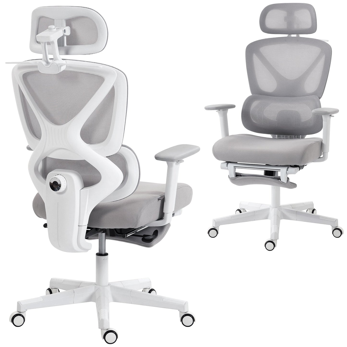 Ergonomic Office Chair, Mesh Desk Chair with 3D Armrests, Rotatable Headrest, Adjustable Lumbar Support, Coat Hanger, Footrest for Home Office, Grey