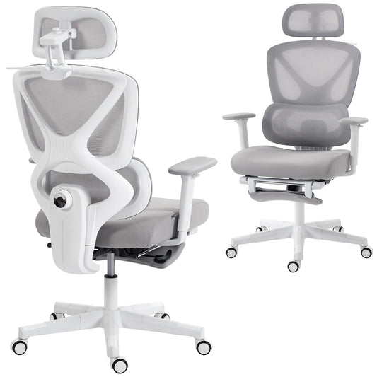 Ergonomic Office Chair, Mesh Desk Chair with 3D Armrests, Rotatable Headrest, Adjustable Lumbar Support, Coat Hanger, Footrest for Home Office, Grey