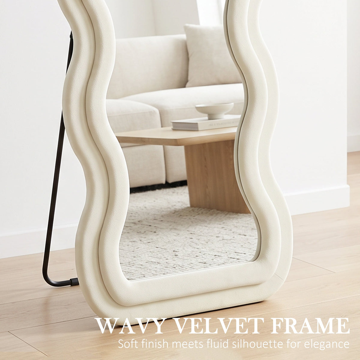 Full Length Mirror, 160 x 60 cm Wavy Large Full Body Standing Mirror with Velvet Frame, HD Tempered Glass, Floor Standing, Wall Hanging or Leaning for Bedroom,  Living Room, Cream White