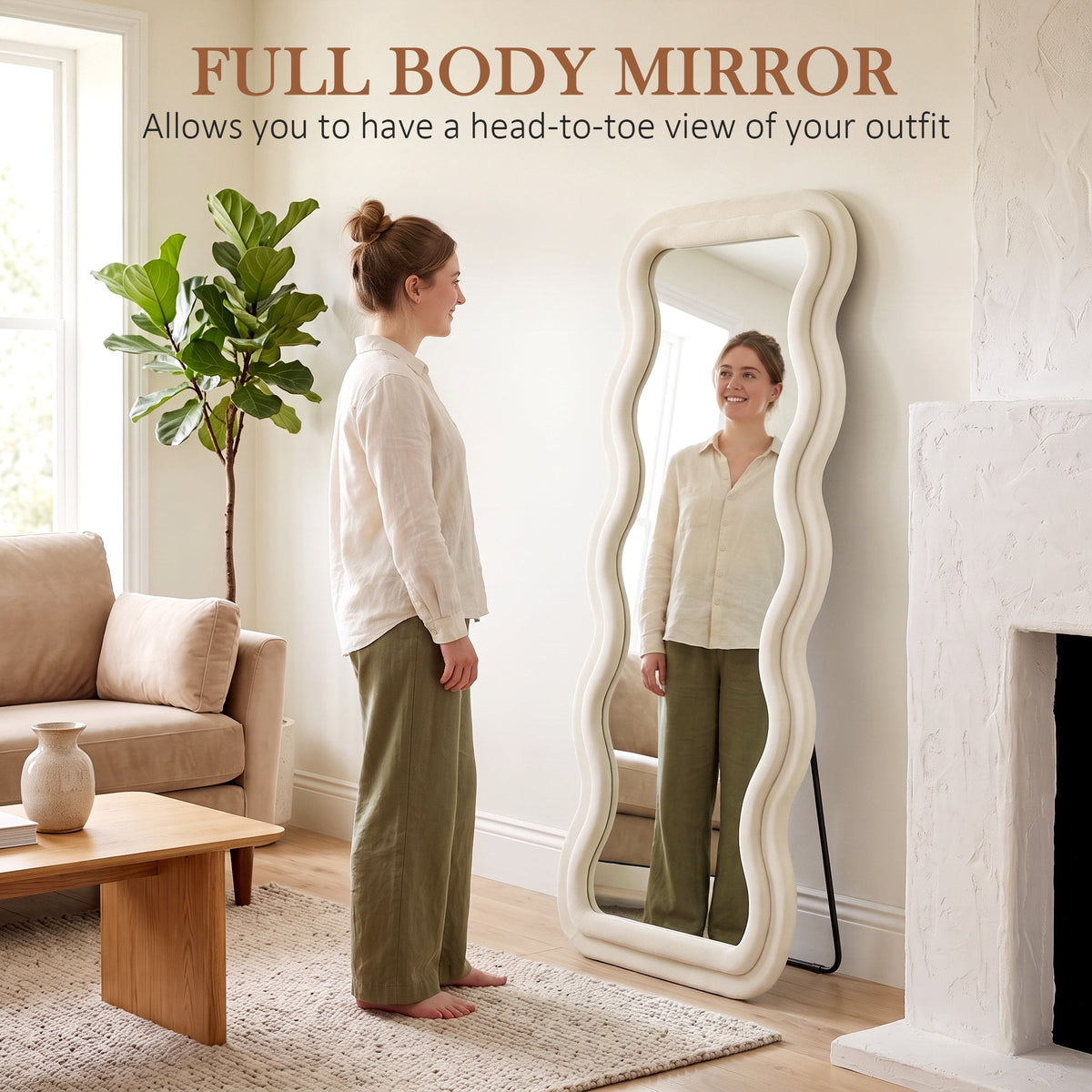 Full Length Mirror, 160 x 60 cm Wavy Large Full Body Standing Mirror with Velvet Frame, HD Tempered Glass, Floor Standing, Wall Hanging or Leaning for Bedroom,  Living Room, Cream White
