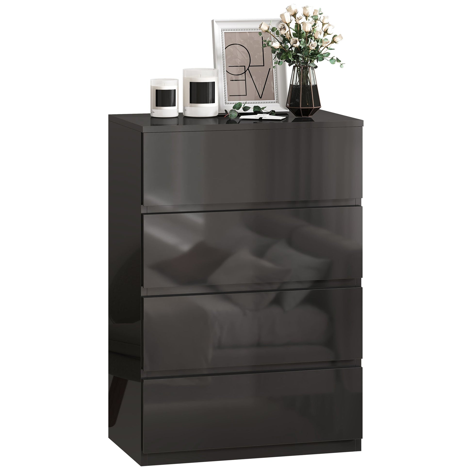 Chest of Drawers, 4 Drawers Storage Cabinet Floor Tower Cupboard for Bedroom Living Room, High Gloss Black
