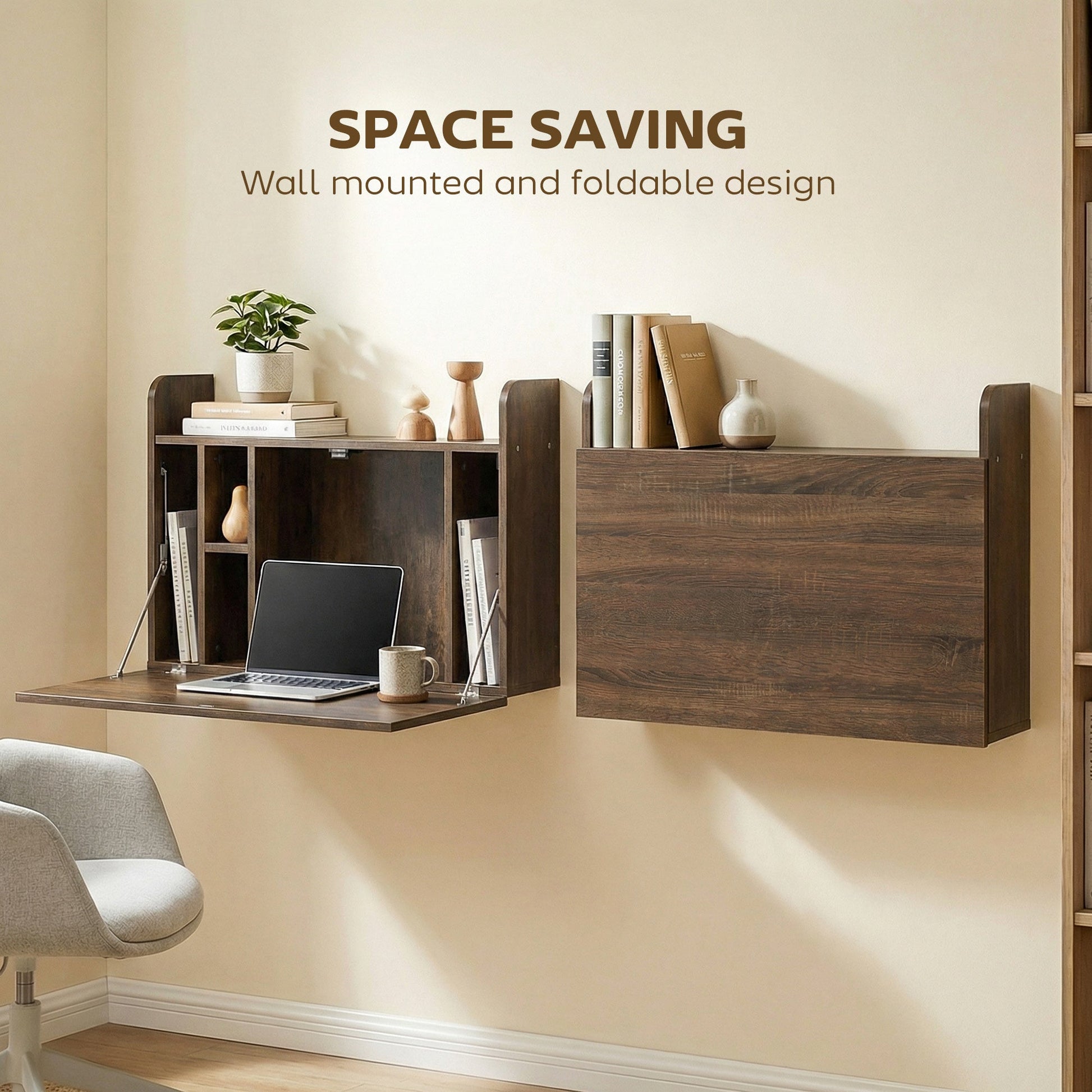Wall Mounted Desk, Drop Leaf Floating Laptop Desk with Space Saving Storage Compartments for Home Office and Study, 77cm x 20cm x 51cm, Dark Brown