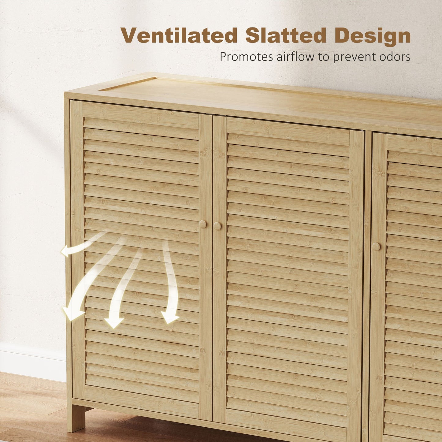 Bamboo Shoe Cabinet with Louvered Doors, Shoe Storage Cabinet with Adjustable Shelves, 18 Pairs Footwear Cupboard for Hallway, Entryway, 120 x 35 x 80 cm, Natural Wood Finish