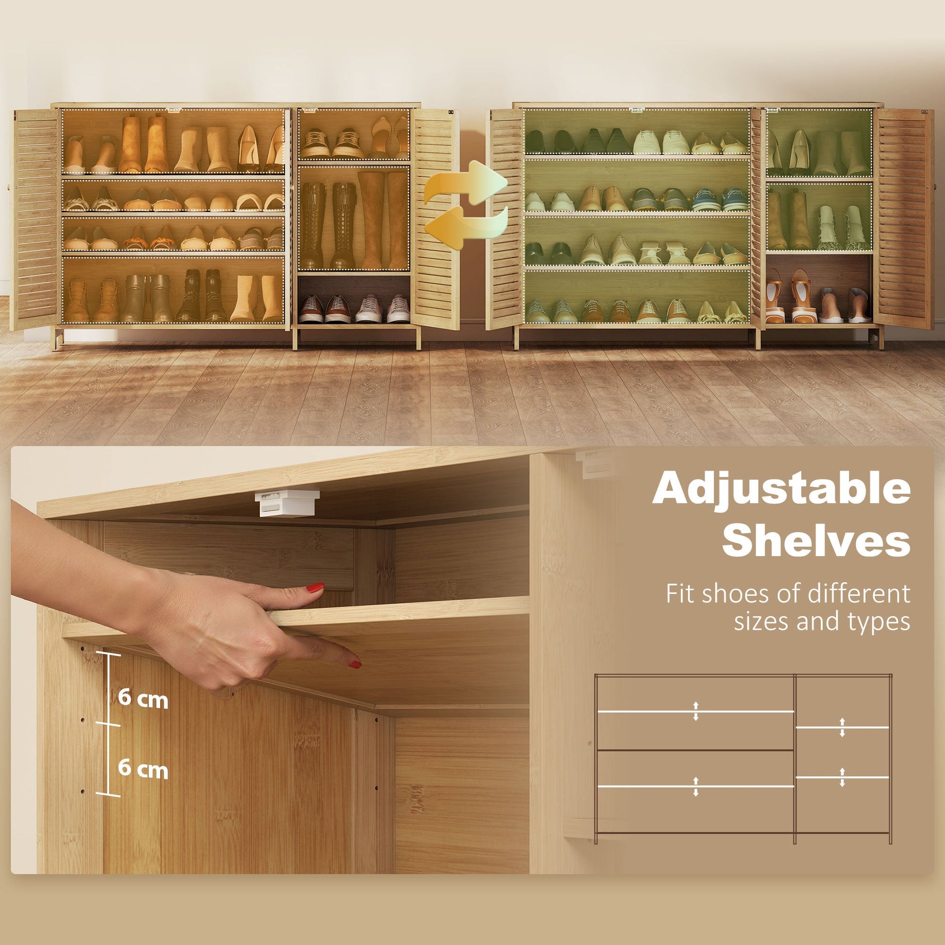 Bamboo Shoe Cabinet with Louvered Doors, Shoe Storage Cabinet with Adjustable Shelves, 18 Pairs Footwear Cupboard for Hallway, Entryway, 120 x 35 x 80 cm, Natural Wood Finish