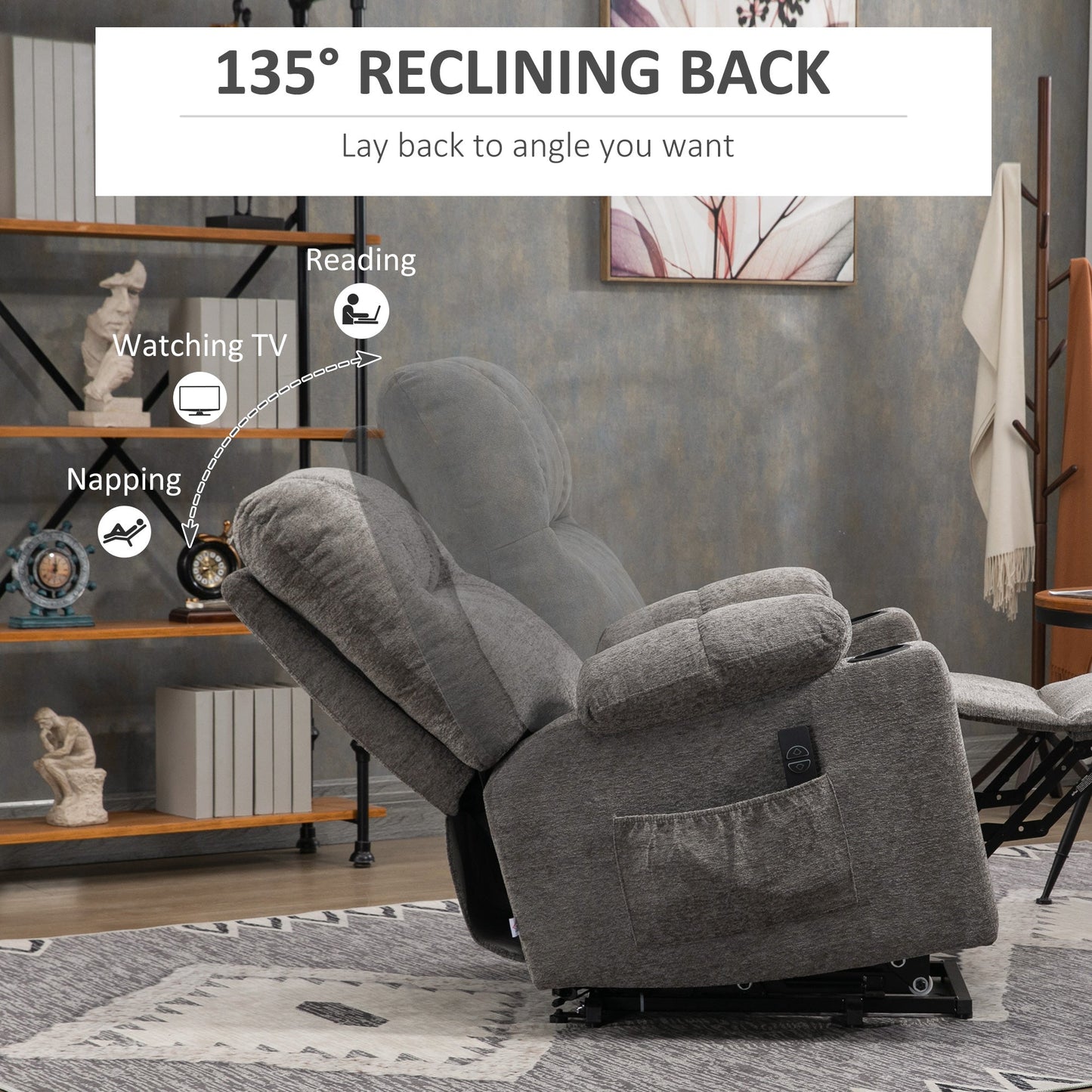 HOMCOM Power Lift Chair Recliner for Elderly, Velvet-touch Fabric Electric Riser and Recliner Chair for Living Room with Remote Control, Side Pockets, Cup Holders, Grey