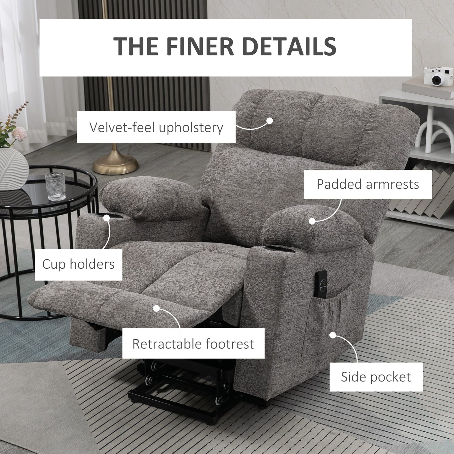 HOMCOM Power Lift Chair Recliner for Elderly, Velvet-touch Fabric Electric Riser and Recliner Chair for Living Room with Remote Control, Side Pockets, Cup Holders, Grey