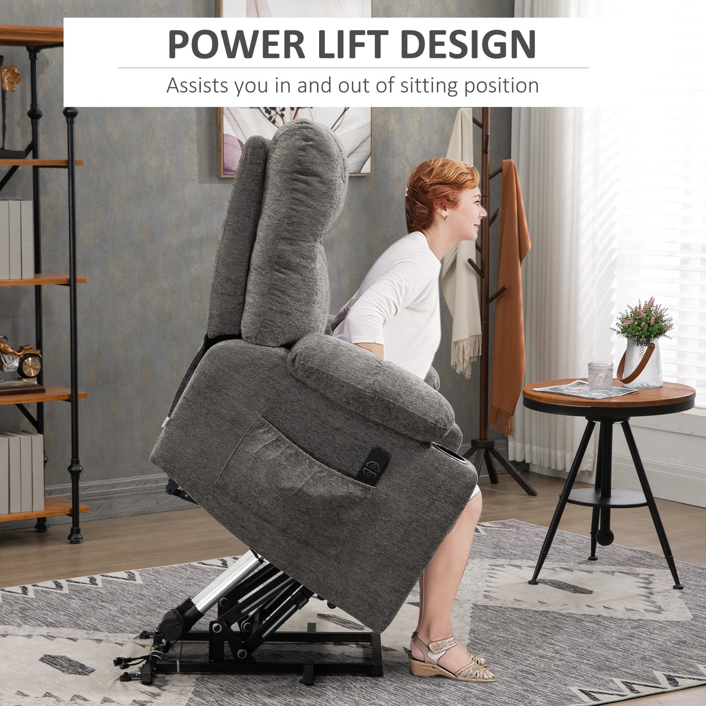HOMCOM Power Lift Chair Recliner for Elderly, Velvet-touch Fabric Electric Riser and Recliner Chair for Living Room with Remote Control, Side Pockets, Cup Holders, Grey
