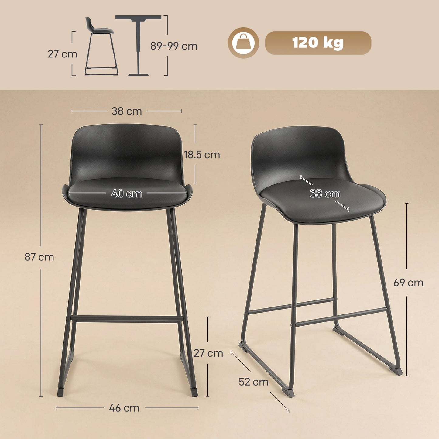 Modern Bar Stools Set of 2, PU Leather Upholstered Barstools, Counter Height Kitchen Chairs with Footrest for Breakfast Bars, Dining Room, Black